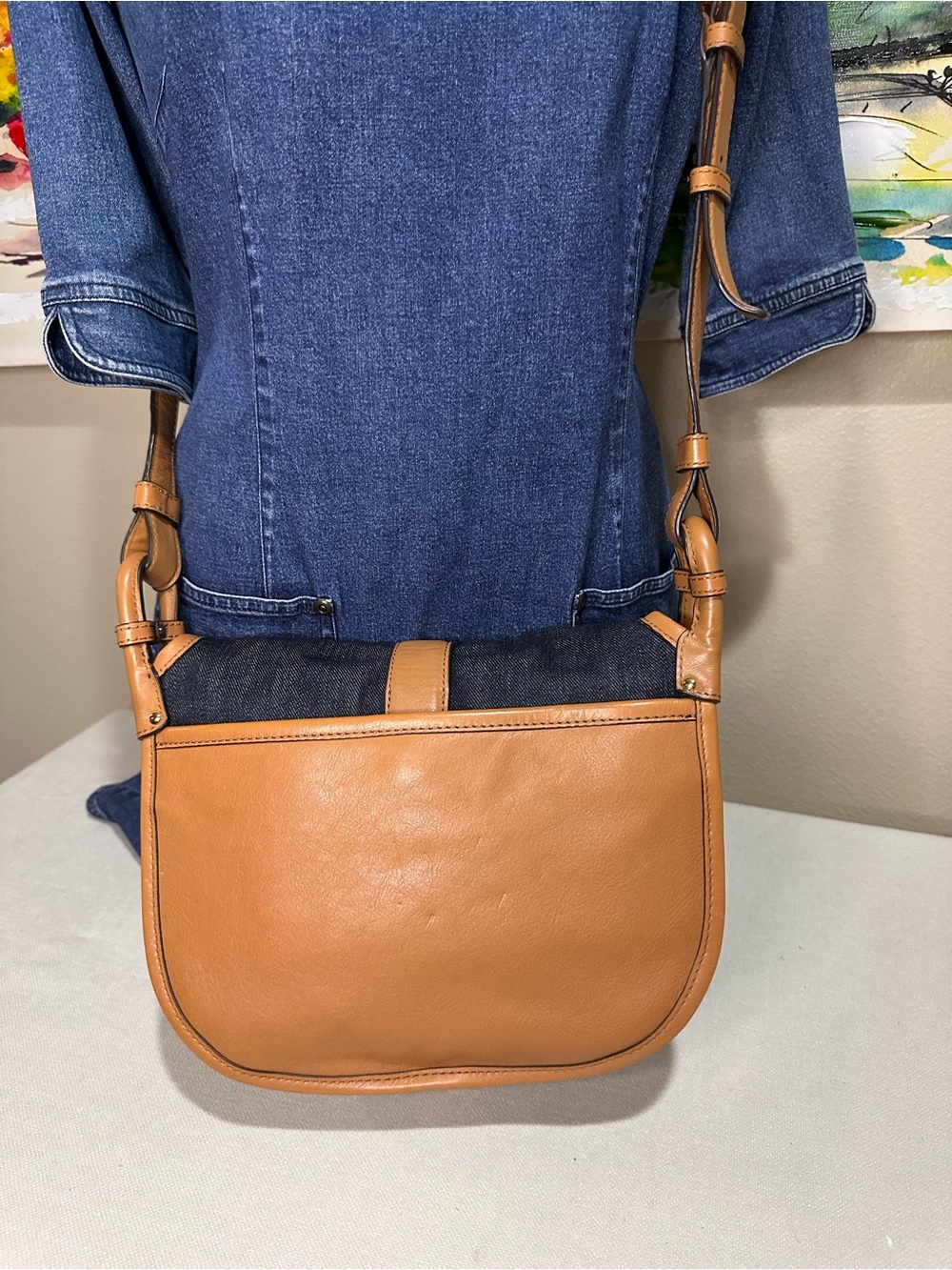 Michael Kors Jamie Denim and Tan Leather Crossbody Saddle Bag - Picture 2 of 14